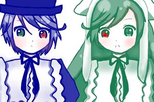 Rating: Safe Score: 0 Tags: 1boy 2others blush green_eyes green_hair hat heterochromia image looking_at_viewer multiple_others neck_ribbon pair red_eyes ribbon short_hair simple_background souseiseki striped suiseiseki vertical_stripes User: admin