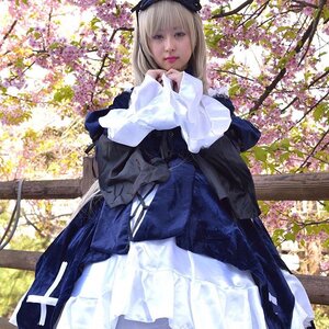 Rating: Safe Score: 0 Tags: 1girl bangs blonde_hair blue_dress dress flower hat lips long_hair long_sleeves looking_at_viewer outdoors realistic sitting solo standing suigintou tree User: admin