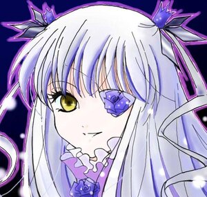 Rating: Safe Score: 0 Tags: 1girl bangs barasuishou eyebrows_visible_through_hair flower hair_ribbon image long_hair purple_flower purple_rose ribbon rose silver_hair solo yellow_eyes User: admin