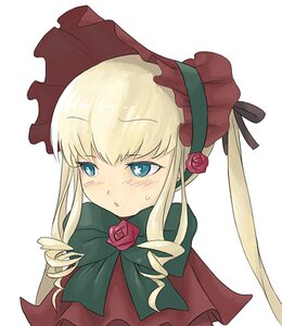 Rating: Safe Score: 0 Tags: 1girl blonde_hair blue_eyes blush bonnet bow bowtie dress drill_hair flower image long_hair pink_flower pink_rose red_flower red_rose rose shinku sidelocks simple_background solo striped twintails upper_body white_background User: admin