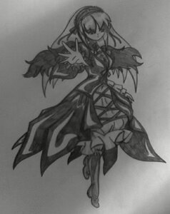 Rating: Safe Score: 0 Tags: 1girl dress frills full_body greyscale hairband image long_hair long_sleeves monochrome solo standing suigintou traditional_media wings User: admin