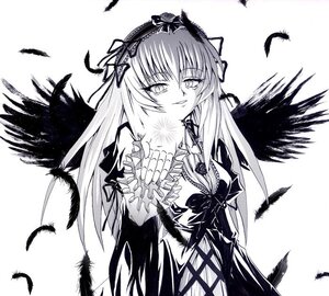 Rating: Safe Score: 3 Tags: 1girl artist_request bangs bird black_feathers black_wings breasts crow dove dress feathered_wings feathers frills greyscale hairband image light_smile lolita_hairband long_hair long_sleeves looking_at_viewer medium_breasts meimei monochrome rozen_maiden simple_background smile solo suigintou white_background white_feathers wings User: admin