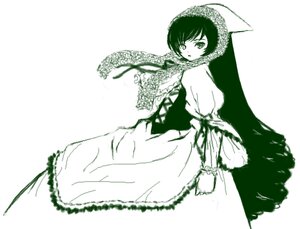 Rating: Safe Score: 0 Tags: 1girl dress frills green_theme image long_sleeves looking_at_viewer monochrome short_hair solo standing suiseiseki white_background User: admin