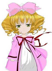 Rating: Safe Score: 0 Tags: 1girl blonde_hair bow dress drill_hair frills green_eyes hair_bow hina_ichigo hinaichigo image looking_at_viewer pink_bow ribbon simple_background solo white_background User: admin