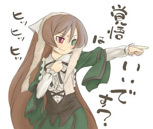 Rating: Safe Score: 0 Tags: 1girl blush brown_hair dress frills green_eyes head_scarf heterochromia image long_hair long_sleeves red_eyes smile solo suiseiseki very_long_hair white_background User: admin