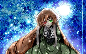 Rating: Safe Score: 0 Tags: 1girl blush brown_hair dress frills green_dress green_eyes heterochromia image long_hair long_sleeves looking_at_viewer red_eyes ribbon smile solo suiseiseki very_long_hair User: admin