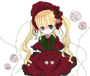 Rating: Safe Score: 0 Tags: 1girl blonde_hair blue_eyes bonnet bow bowtie dress flower green_bow image long_hair long_sleeves looking_at_viewer pink_rose red_dress rose shinku simple_background solo twintails very_long_hair white_background User: admin