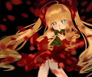 Rating: Safe Score: 0 Tags: 1girl ahoge bangs black_background blonde_hair blue_eyes blurry blurry_foreground bowtie depth_of_field dress hat holding image long_hair long_sleeves red_dress rose shinku solo very_long_hair User: admin