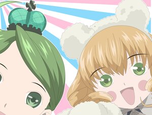 Rating: Safe Score: 0 Tags: 2girls blush face green_eyes green_hair hat hinaichigo image kanaria multiple_girls open_mouth pair striped_background User: admin