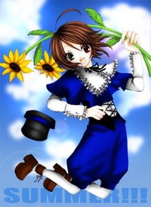 Rating: Safe Score: 0 Tags: 1girl :d blue_dress brown_hair cloud day dress flower full_body green_eyes hat image long_sleeves looking_at_viewer open_mouth pantyhose sky smile solo souseiseki sunflower top_hat User: admin