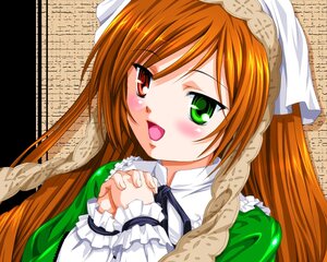Rating: Safe Score: 0 Tags: 1girl :d blush dress frills green_dress green_eyes hands_clasped head_scarf headdress heterochromia image interlocked_fingers long_hair long_sleeves maatan open_mouth orange_hair own_hands_together red_eyes rozen_maiden smile solo suiseiseki upper_body User: admin