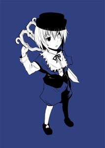 Rating: Safe Score: 0 Tags: 1girl :o bangs blue_background blue_theme eyebrows_visible_through_hair frills full_body hat image long_sleeves looking_at_viewer monochrome ribbon shoes short_hair simple_background solo souseiseki standing User: admin