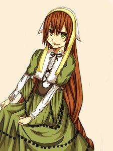 Rating: Safe Score: 0 Tags: 1girl :d auto_tagged brown_hair corset dress green_dress green_eyes heterochromia image long_hair long_sleeves looking_at_viewer open_mouth simple_background smile solo suiseiseki very_long_hair User: admin
