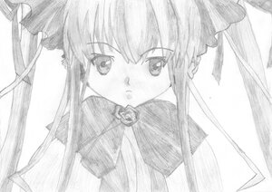 Rating: Safe Score: 0 Tags: 1girl bangs blush bowtie flower greyscale hair_ribbon image long_hair looking_at_viewer monochrome ribbon rose shinku sidelocks simple_background solo upper_body white_background User: admin