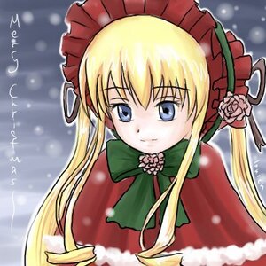 Rating: Safe Score: 0 Tags: 1girl blonde_hair blue_eyes bonnet bow bowtie capelet flower green_bow green_neckwear hat image long_hair long_sleeves looking_at_viewer red_capelet rose shinku snowing solo twin_drills twintails upper_body User: admin
