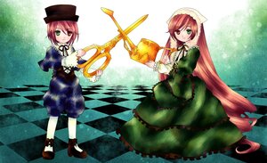 Rating: Safe Score: 0 Tags: 2girls argyle argyle_background brown_hair checkered checkered_background checkered_floor chess_piece dress frills green_dress green_eyes hat head_scarf heterochromia image long_hair multiple_girls pair perspective red_eyes short_hair siblings sisters souseiseki suiseiseki tile_floor tiles top_hat twins very_long_hair User: admin