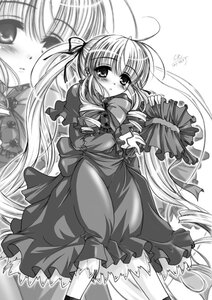 Rating: Safe Score: 0 Tags: 1girl blush bow bowtie dress frills greyscale hair_ribbon image long_hair long_sleeves monochrome ribbon shinku solo standing twintails very_long_hair zoom_layer User: admin