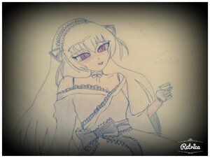Rating: Safe Score: 0 Tags: 1girl bare_shoulders black_border border choker dated dress frills hairband image lolita_hairband long_hair long_sleeves looking_at_viewer monochrome solo suigintou traditional_media User: admin