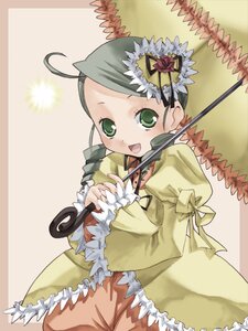 Rating: Safe Score: 0 Tags: 1girl :d ahoge beige_background cowboy_shot dress frilled_dress frilled_sleeves frilled_umbrella frills green_eyes green_hair hair_ornament heart heart_hair_ornament holding image kanaria long_sleeves looking_at_viewer open_mouth puffy_sleeves rozen_maiden short_hair simple_background smile solo standing striped takano_natsuki umbrella vertical_stripes yellow_dress User: admin