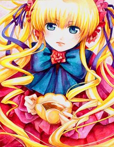 Rating: Safe Score: 0 Tags: 1girl blonde_hair blue_eyes bow bowtie dress drill_hair flower hair_ribbon image long_hair long_sleeves marker_(medium) ribbon shinku solo traditional_media twintails very_long_hair User: admin