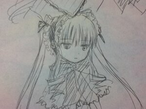 Rating: Safe Score: 0 Tags: 1girl dress frills image long_hair long_sleeves looking_at_viewer monochrome shinku simple_background solo traditional_media upper_body User: admin