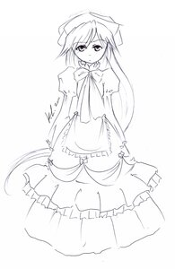 Rating: Safe Score: 0 Tags: 1girl bow dress expressionless greyscale hat image long_hair long_sleeves looking_at_viewer monochrome simple_background sketch solo standing striped suiseiseki very_long_hair white_background User: admin