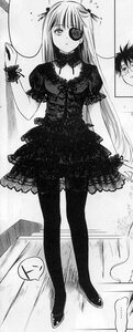 Rating: Safe Score: 0 Tags: 1boy 1girl barasuishou dress eyepatch greyscale image long_hair monochrome pantyhose solo standing User: admin