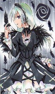 Rating: Safe Score: 0 Tags: 1girl black_dress black_ribbon dress feathers frills hairband image lolita_hairband long_hair long_sleeves puffy_sleeves silver_hair solo standing suigintou wings User: admin