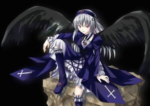 Rating: Safe Score: 0 Tags: 1girl black_wings boots cross dress feathers frilled_sleeves frills hairband image long_hair long_sleeves looking_at_viewer pink_eyes ribbon silver_hair sitting solo suigintou wings User: admin