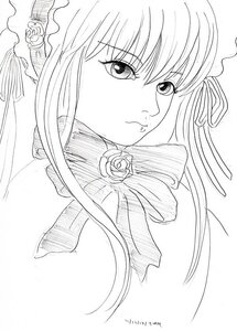 Rating: Safe Score: 0 Tags: 1girl bow bowtie closed_mouth flower greyscale image long_hair looking_at_viewer monochrome portrait rose shinku simple_background solo suigintou white_background User: admin