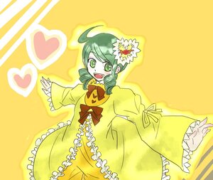Rating: Safe Score: 0 Tags: 1girl ahoge bow dress drill_hair flower frills green_eyes green_hair hair_ornament heart image kanaria long_sleeves open_mouth simple_background smile solo twin_drills yellow_background yellow_dress yellow_theme User: admin