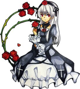 Rating: Safe Score: 0 Tags: 1girl dress flower frills hairband image long_hair long_sleeves red_eyes red_flower red_rose rose silver_hair solo suigintou thorns traditional_media vines white_background wings User: admin