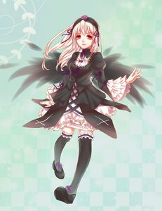 Rating: Safe Score: 0 Tags: 1girl argyle argyle_background argyle_legwear black_legwear checkered checkered_background checkered_floor dress frills full_body gothic_lolita hairband image lolita_fashion lolita_hairband long_hair long_sleeves puffy_sleeves red_eyes ribbon silver_hair solo standing suigintou thighhighs tile_floor tiles wings User: admin