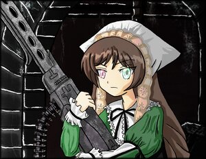 Rating: Safe Score: 0 Tags: 1girl brown_hair dress frills green_dress green_eyes heterochromia holding image long_hair long_sleeves red_eyes ribbon solo suiseiseki weapon User: admin