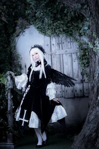 Rating: Safe Score: 0 Tags: 1girl bangs black_dress closed_mouth dress flower gothic_lolita high_heels long_hair long_sleeves looking_at_viewer solo standing suigintou white_hair wings User: admin