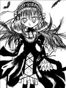 Rating: Safe Score: 0 Tags: 1girl cross-laced_clothes dress frills greyscale hairband image lolita_hairband long_hair long_sleeves looking_at_viewer monochrome rose simple_background solo suigintou very_long_hair white_background wings User: admin