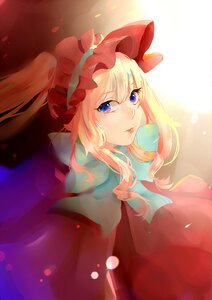 Rating: Safe Score: 0 Tags: 1girl bangs blonde_hair blue_eyes dress hair_between_eyes hat image lips long_hair looking_at_viewer mob_cap petals ribbon shinku sidelocks solo upper_body User: admin