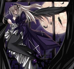 Rating: Safe Score: 0 Tags: 1girl black_wings cross dress feathers flower full_moon gothic_lolita hairband image juliet_sleeves lolita_fashion lolita_hairband long_hair long_sleeves moon pink_eyes puffy_sleeves purple_flower rose silver_hair sky solo suigintou window wings User: admin