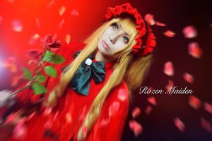 Rating: Safe Score: 0 Tags: 1girl bangs blonde_hair bow dress flower green_eyes lips long_hair looking_at_viewer petals red_dress red_flower rose shinku solo upper_body User: admin