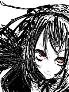 Rating: Safe Score: 0 Tags: 1girl closed_mouth image limited_palette looking_at_viewer monochrome portrait red_eyes short_hair solo spot_color suigintou white_background User: admin