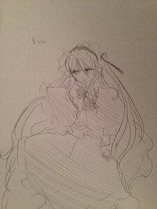 Rating: Safe Score: 0 Tags: 1girl capelet dress eyebrows_visible_through_hair frills hair_between_eyes hairband image long_hair long_sleeves looking_at_viewer monochrome shinku solo traditional_media very_long_hair User: admin