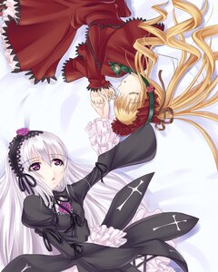 Rating: Safe Score: 0 Tags: 2girls asa_(swallowtail) bangs blonde_hair bonnet bow closed_eyes cross doll_joints dress drill_hair flower frills gothic_lolita hairband holding_hands image joints lolita_fashion lolita_hairband long_hair long_sleeves multiple_girls on_bed pair photoshop_(medium) purple_eyes purple_flower purple_rose ribbon rose rozen_maiden shinku silver_hair sleeping suigintou twintails very_long_hair wings User: admin