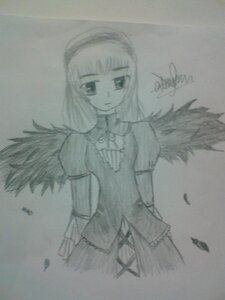 Rating: Safe Score: 0 Tags: 1girl angel_wings black_wings closed_mouth cowboy_shot dress feathered_wings feathers greyscale image long_sleeves looking_at_viewer monochrome photo signature solo standing suigintou wings User: admin
