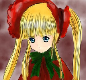 Rating: Safe Score: 0 Tags: 1girl bangs blonde_hair blue_eyes bonnet bow bowtie dress green_bow green_neckwear hat image long_hair long_sleeves looking_at_viewer red_dress shinku sidelocks solo twintails upper_body User: admin