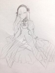 Rating: Safe Score: 0 Tags: 1girl auto_tagged closed_mouth dress eyebrows_visible_through_hair flower greyscale hairband image juliet_sleeves long_hair long_sleeves looking_at_viewer monochrome puffy_sleeves sketch solo standing suigintou traditional_media User: admin