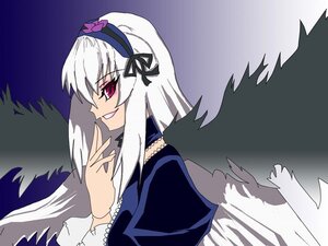 Rating: Safe Score: 0 Tags: 1girl bangs black_wings dress feathered_wings feathers gradient gradient_background grin hairband image juliet_sleeves long_hair long_sleeves looking_at_viewer silver_hair smile solo suigintou wings User: admin