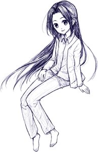 Rating: Safe Score: 0 Tags: 1girl barefoot full_body greyscale human image kakizaki_megu long_hair long_sleeves looking_at_viewer monochrome pants shirt sitting smile solo very_long_hair User: admin