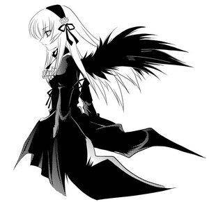 Rating: Safe Score: 0 Tags: 1girl black_wings dress flower greyscale hairband image juliet_sleeves long_hair long_sleeves monochrome ribbon simple_background solo standing suigintou very_long_hair white_background wings User: admin