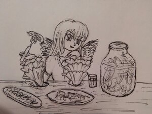 Rating: Safe Score: 0 Tags: 1girl bangs closed_mouth dress eyebrows_visible_through_hair feathered_wings food image long_hair long_sleeves monochrome photo plate solo suigintou table wide_sleeves wings User: admin