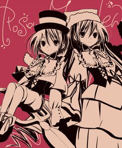 Rating: Safe Score: 0 Tags: 2girls boots collar corset cross-laced_clothes dress frills hat image layered_dress long_hair long_sleeves looking_at_viewer monochrome multiple_girls pair red_background red_theme rozen_maiden siblings simple_background sisters smile souseiseki suiseiseki taira_tsukune top_hat twins User: admin